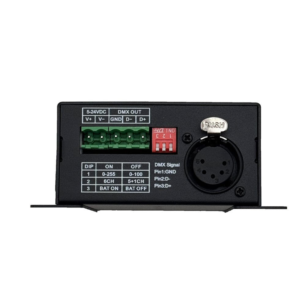 Moss LED The Six Fade 6-channel DMX fader console rear panel close-up showing green terminal blocks for 5-24VDC power and DMX output red DIP switches with settings table DMX 5-pin connector and DMX signal pinout diagram white background
