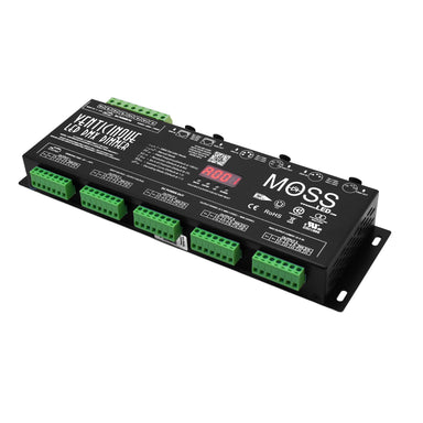 Moss LED VentiCinque-LED DMX 25 channel dimmer front angle view with green terminal blocks red LED display mounting holes and black metal housing
