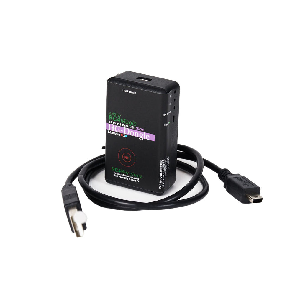 RC4 Wireless RC4Magic 2.4GHz Series 3 HG-Configuration Dongle USB wireless DMX configuration tool standing upright view with USB Mini-B port on top USB cable with USB-A connector showing HG-Dongle branding RF indicator FCC ID status LEDs RC4Wireless logo on black compact housing on white background