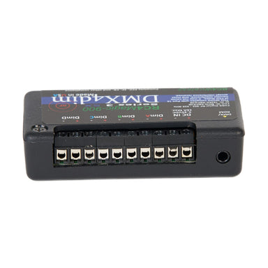 RC4 Wireless RC4Magic-900 Series 3 DMX4dim 4-channel wireless DMX dimmer bottom view showing screw terminal connections for DimA through DimD outputs DC IN 5-35VDC 16A Max power input and DMX RDM 3.5mm data port on black compact housing on white background