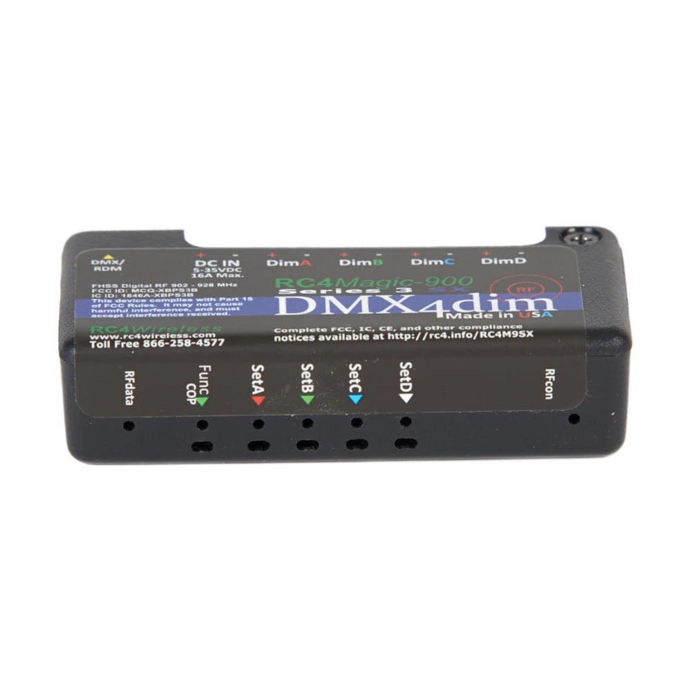 RC4 Wireless RC4Magic-900 Series 3 DMX4dim 4-channel wireless DMX dimmer front view showing RFdata Func COP SetA SetB SetC SetD status LEDs RFcon indicator DMX RDM DC IN DimA through DimD labels RC4Magic-900 Series 3 branding Made in USA on black compact housing on white background
