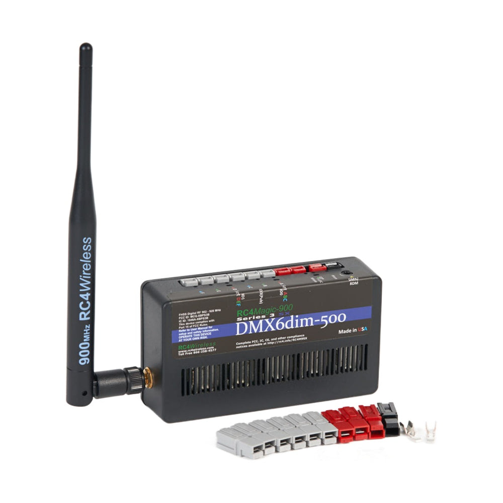 RC4 Wireless RC4Magic-900 Series 3 DMX6dim-500 high power 6-channel 42A wireless DMX dimmer front angle view with 900MHz antenna Anderson Powerpole connectors and crimp pins DMX6dim-500 branding Made in USA on black housing on white background