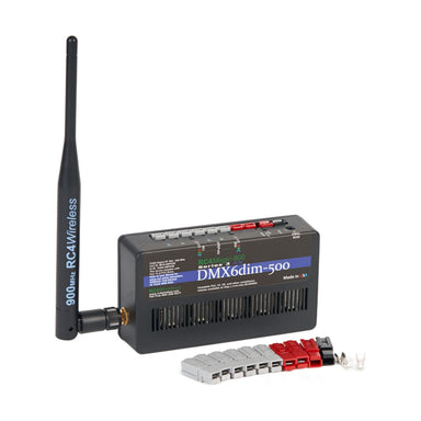 RC4 Wireless RC4Magic-900 Series 3 DMX6dim-500 high power 6-channel 42A wireless DMX dimmer front angle view with 900MHz antenna Anderson Powerpole connectors and crimp pins DMX6dim-500 branding Made in USA on black housing on white background