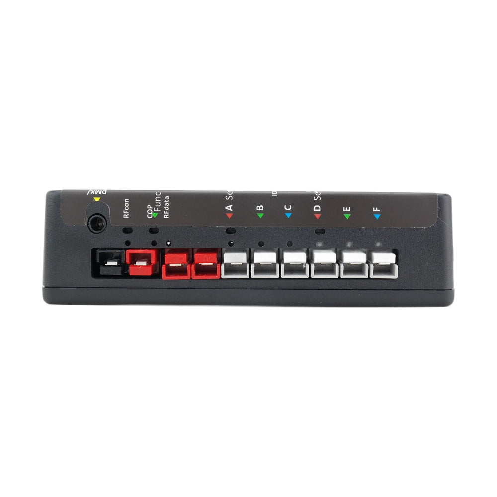 RC4 Wireless RC4Magic-900 Series 3 DMX6dim-500 high power 6-channel 42A wireless DMX dimmer front connector side showing Anderson Powerpole connectors plugged in DC IN black and red channels A through F gray status LEDs RFcon COP Func RFdata A B C D E F on black housing on white background