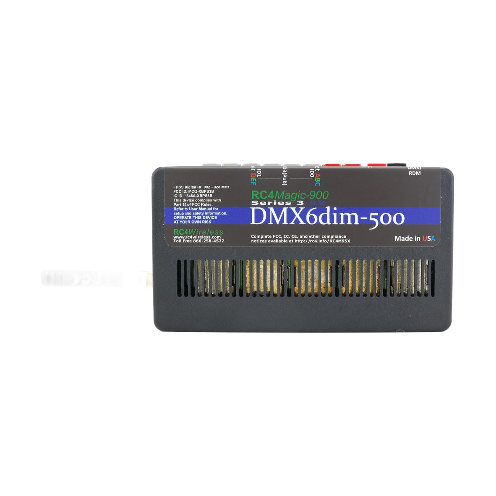 RC4 Wireless RC4Magic-900 Series 3 DMX6dim-500 high power 6-channel 42A wireless DMX dimmer front top view showing RC4Magic-900 Series 3 DMX6dim-500 branding status LEDs heat sink ventilation slots Made in USA on black housing on white background