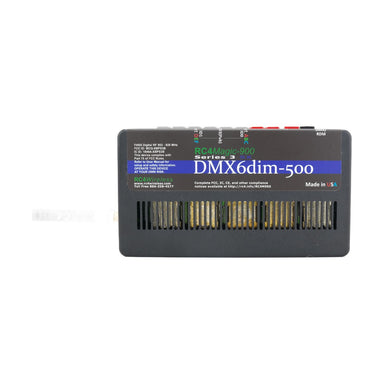RC4 Wireless RC4Magic-900 Series 3 DMX6dim-500 high power 6-channel 42A wireless DMX dimmer front top view showing RC4Magic-900 Series 3 DMX6dim-500 branding status LEDs heat sink ventilation slots Made in USA on black housing on white background