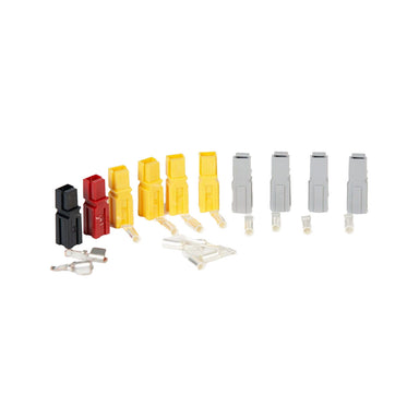 RC4 Wireless Anderson Powerpole mating connector kit 1 for DMX4dim-500 W-DIM4 LumenDim4 showing 4 yellow shells 4 grey shells 1 red shell 1 black shell and 30A 45A crimp pins for RC4Magic high power wireless dimmers on white background