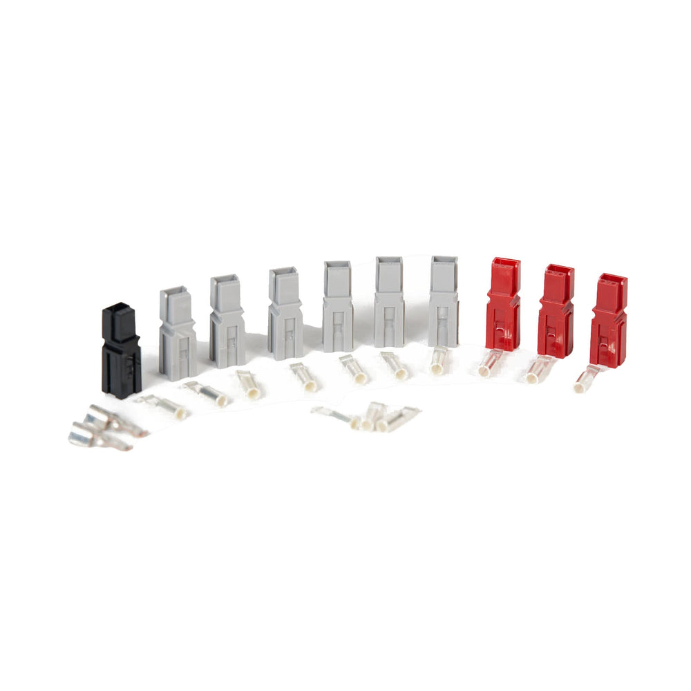 RC4 Wireless Anderson Powerpole mating connector kit 2 for DMX6dim-500 W-DIM6 LumenDim6 showing 6 grey shells 2 red shells 1 black shell and 30A 45A crimp pins for RC4Magic high power wireless dimmers on white background
