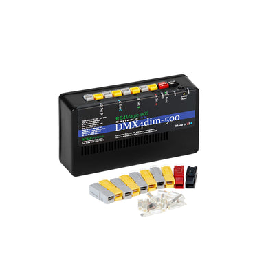 RC4 DMX4dim-500 high power 4-channel wireless dimmer angle view with Anderson Powerpole connectors black enclosure blue label white background