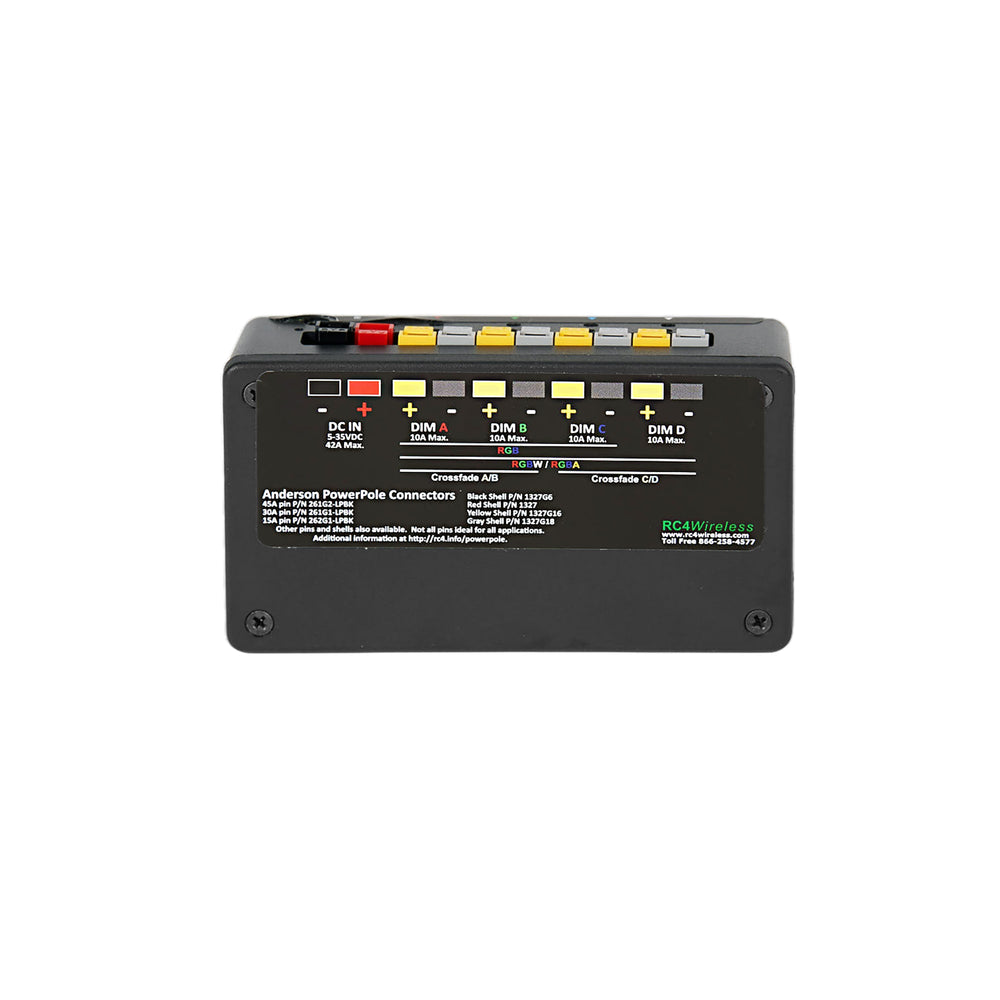 RC4 DMX4dim-500 high power 4-channel wireless dimmer front view showing label panel with DC input four DIM channels crossfade controls and RC4 Wireless branding white background
