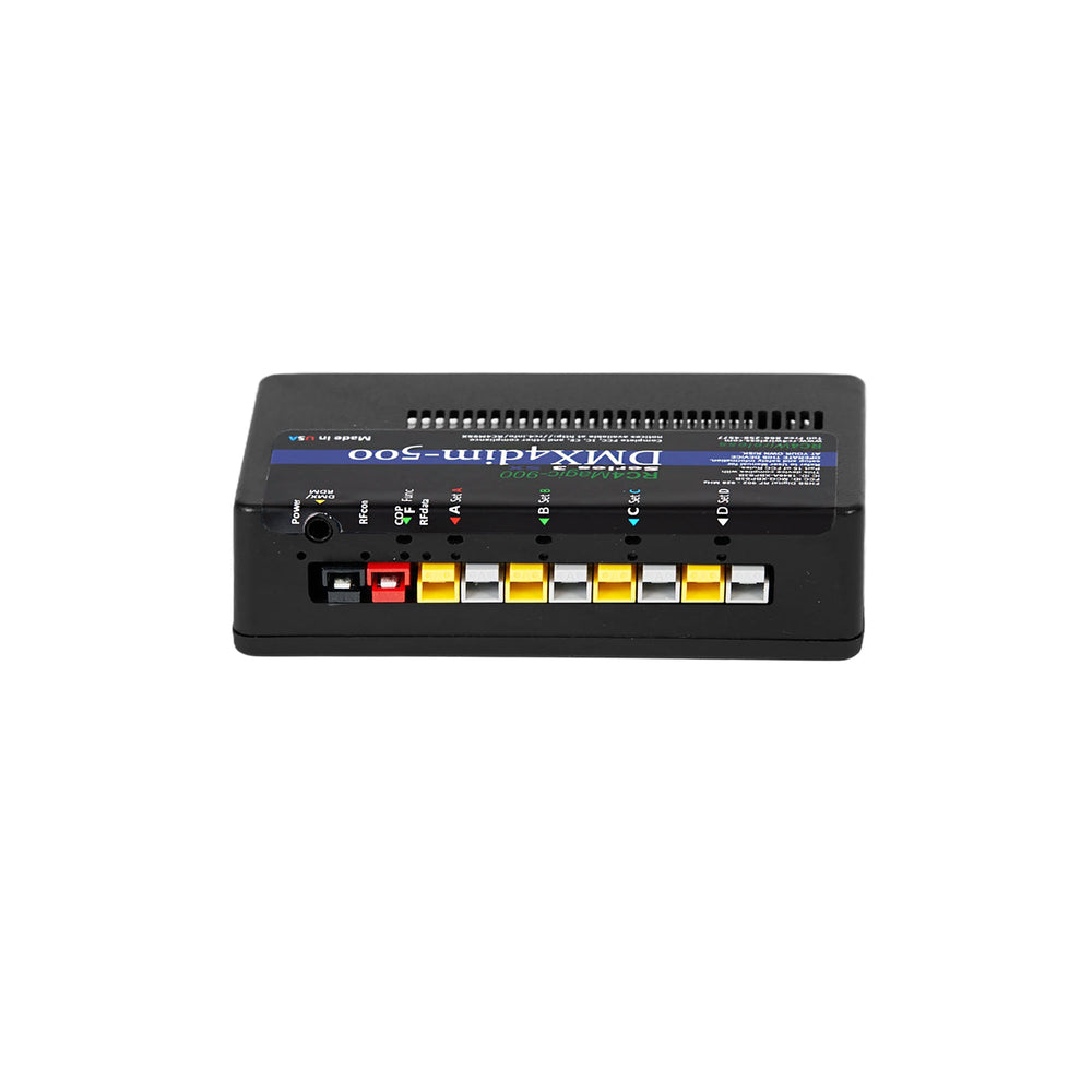 RC4 DMX4dim-500 high power 4-channel wireless dimmer top view showing connector panel with Anderson Powerpole ports channel labels and LED indicators white background