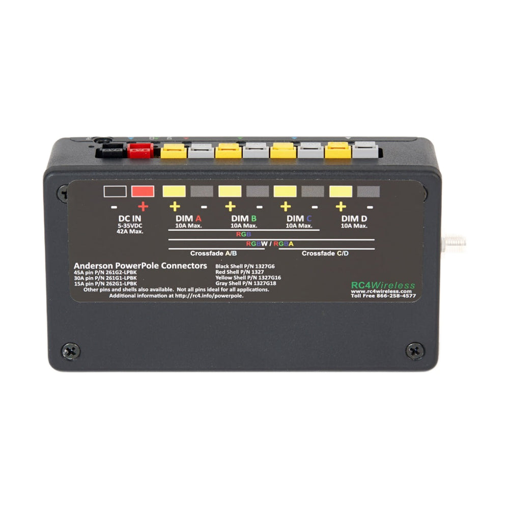 RC4 LumenDim4 4-channel CRMX wireless DMX dimmer bottom view showing Anderson Powerpole connector panel with DC input and 4 dimmer output channels on white background