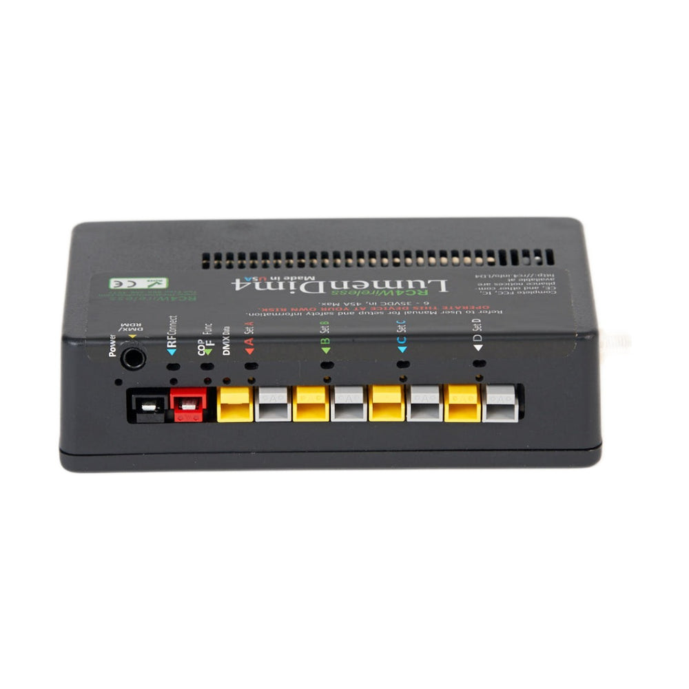 RC4 LumenDim4 4-channel CRMX wireless DMX dimmer top view showing Wago lever connectors, DMX port, power input, and LED status indicators on white background