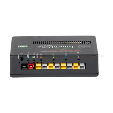 RC4 LumenDim4 4-channel CRMX wireless DMX dimmer top view showing Wago lever connectors, DMX port, power input, and LED status indicators on white background