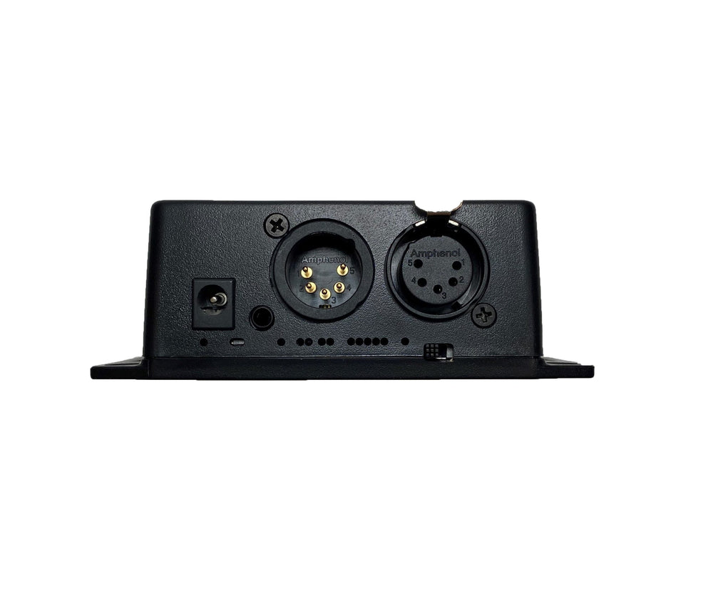 RC4 LumenDimIO-100 front panel close-up showing XLR male and female connectors, DC power input, DIP switches, and antenna port, white background