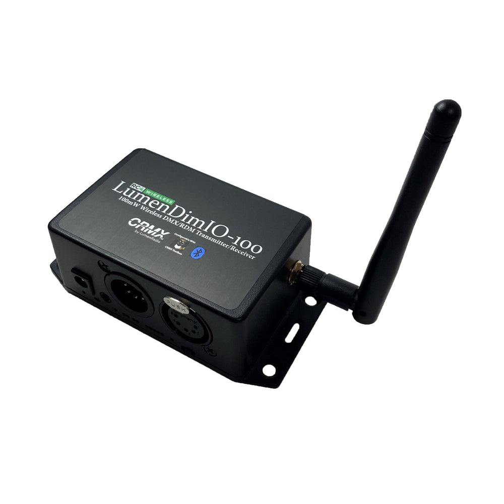 RC4 LumenDimIO-100 transceiver front angle view showing XLR connectors, antenna, mounting bracket, and CRMX label, white background