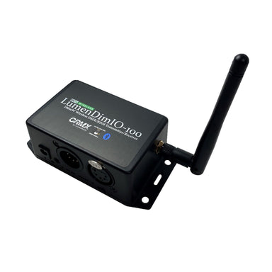 RC4 LumenDimIO-100 transceiver front angle view showing XLR connectors, antenna, mounting bracket, and CRMX label, white background