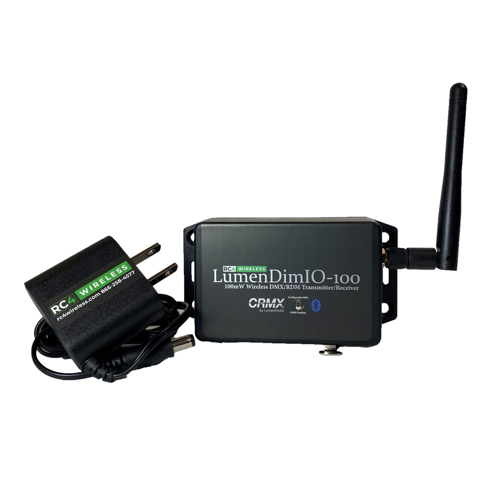 RC4 LumenDimIO-100 wireless DMX transceiver front view with 9V power adapter, antenna, CRMX and Bluetooth connectivity, white background