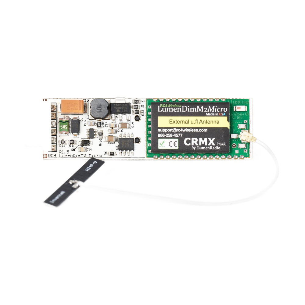 RC4 LumenDimM2micro 2-channel CRMX wireless DMX dimmer with external u.fl antenna - compact circuit board top view on white background