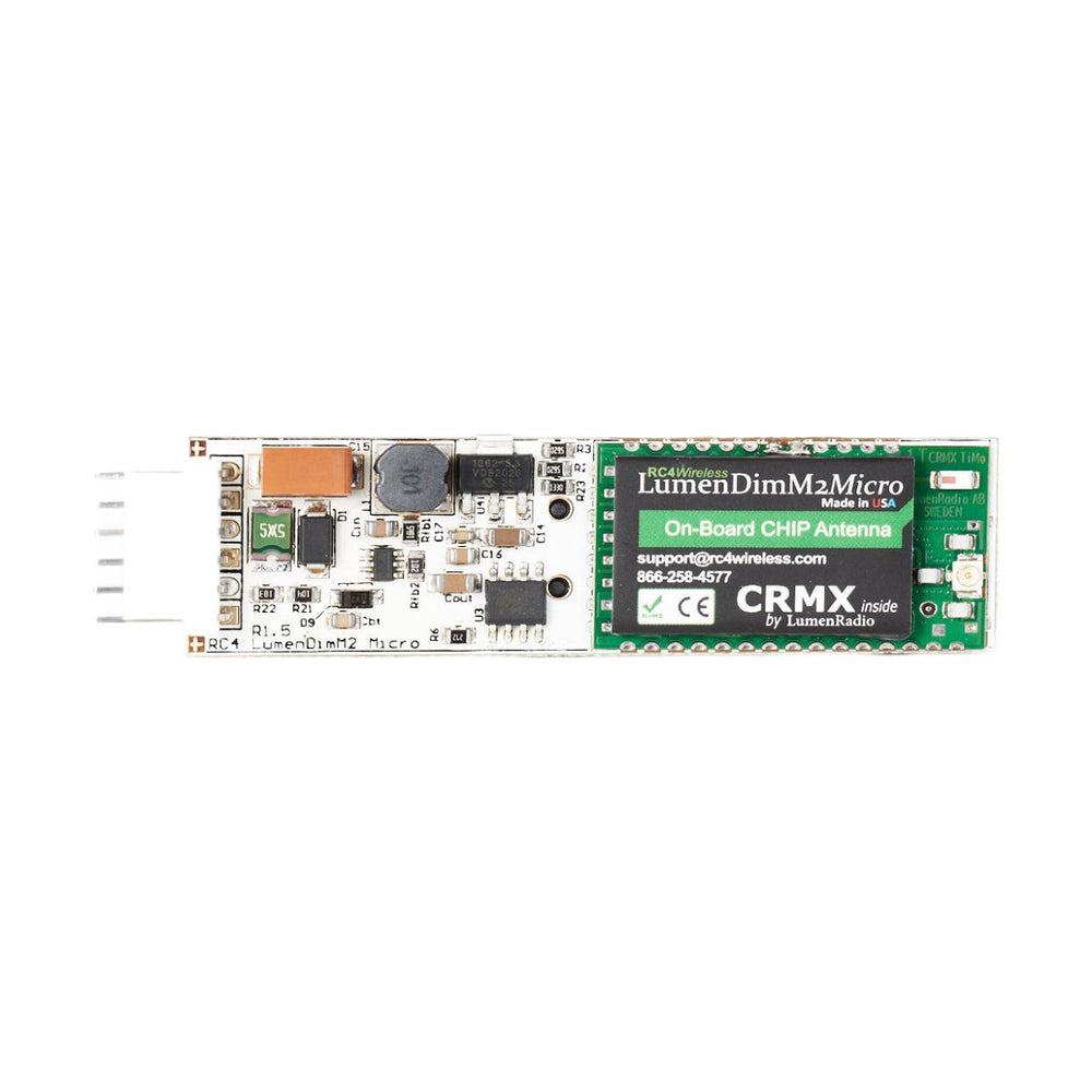 RC4 LumenDimM2micro 2-channel CRMX wireless DMX dimmer with on-board chip antenna - compact circuit board top view on white background