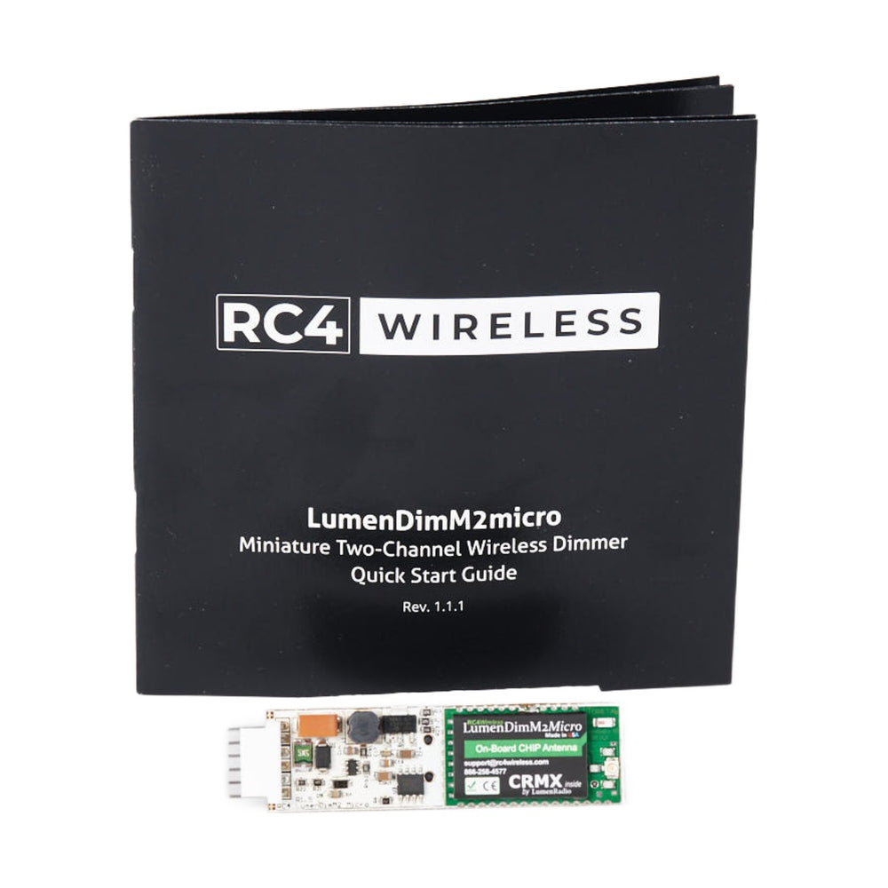 RC4 LumenDimM2micro 2-channel CRMX wireless DMX dimmer with quick start guide booklet - miniature wireless dimmer product overview on white background