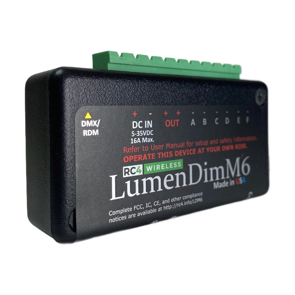 RC4 Wireless LumenDimM6 miniature 6 channel CRMX wireless DMX dimmer with green Phoenix plug-in connector front angle view showing channels A through F on white background