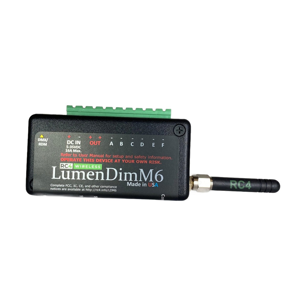 RC4 Wireless LumenDimM6 miniature 6 channel CRMX wireless DMX dimmer with green Phoenix plug-in connector front view with external antenna on white background