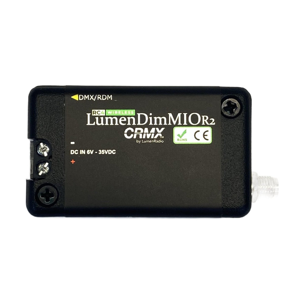 RC4 Wireless LumenDimMIOR2 CRMX wireless DMX RDM transceiver front view without antenna showing product label DMX RDM port DC IN 6V to 35VDC SMA connector CE RoHS certification on white background