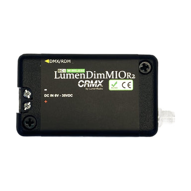 RC4 Wireless LumenDimMIOR2 CRMX wireless DMX RDM transceiver front view without antenna showing product label DMX RDM port DC IN 6V to 35VDC SMA connector CE RoHS certification on white background