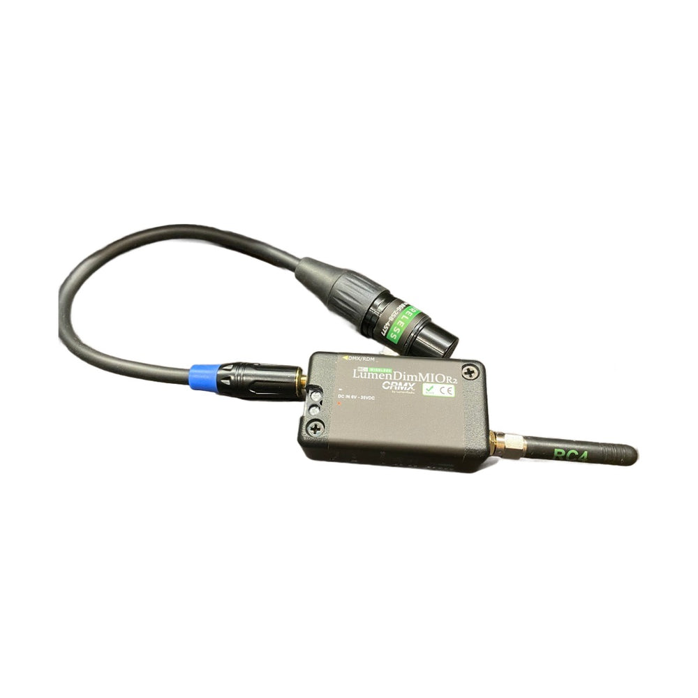 RC4 Wireless LumenDimMIOR2 CRMX wireless DMX RDM transceiver with XLR adaptor cable connected and SMA antenna attached showing complete setup for DMX lighting control on white background