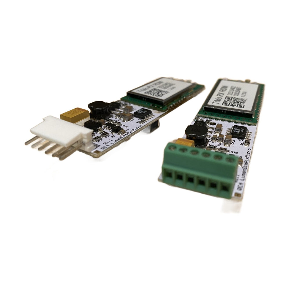 RC4 Wireless LumenDimPixMicro wireless DMX pixel driver two boards showing connector options JST 6-pin header and green Phoenix screw terminal with CRMX TiMo module on white background