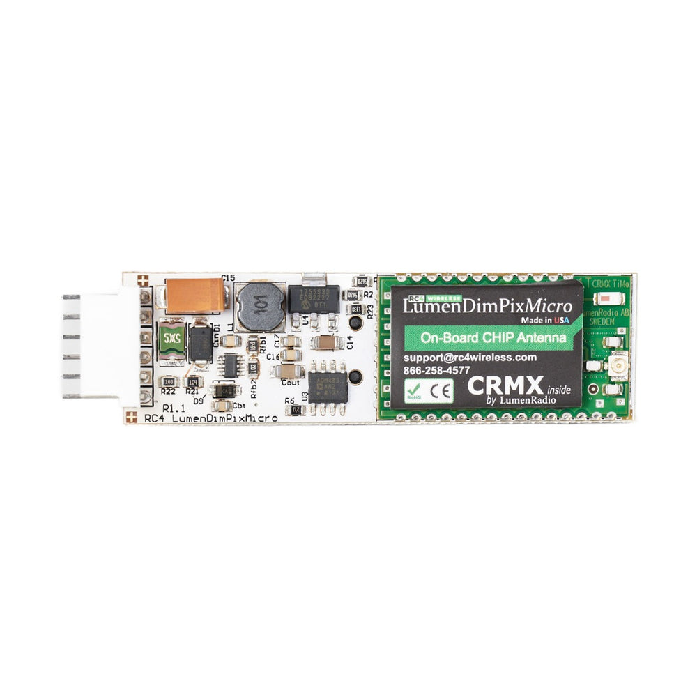 RC4 Wireless LumenDimPixMicro wireless DMX pixel driver top view showing on-board chip antenna variant with CRMX TiMo module JST connector CE RoHS certification on white background