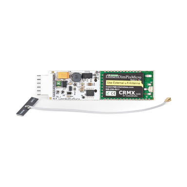 RC4 Wireless LumenDimPixMicro wireless DMX pixel driver top view showing external u.fl antenna variant with attached flat flexible antenna CRMX TiMo module JST connector on white background