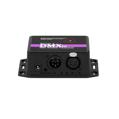 RC4Magic S3 DMXio wireless DMX transceiver front connector panel view with XLR5 male and female connectors, push button, purple stripe branding, black housing with mounting flanges, white background