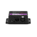 RC4Magic S3 DMXio wireless DMX transceiver front connector panel view with XLR5 male and female connectors, push button, purple stripe branding, black housing with mounting flanges, white background