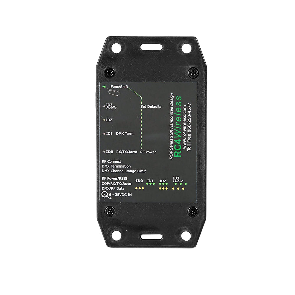 RC4Magic S3 DMXio wireless DMX transceiver top view showing DIP switches, LED status indicators, configuration labels for ID and RF settings, DC power input, black housing, white background