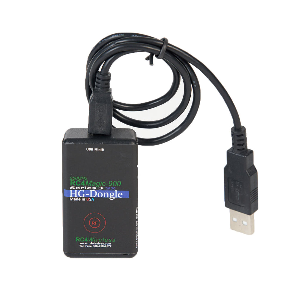 RC4 RC4Magic 900MHz HG-Configuration Dongle front view with USB cable connected and coiled USB-A connector visible RC4Wireless branding Series 3 white background