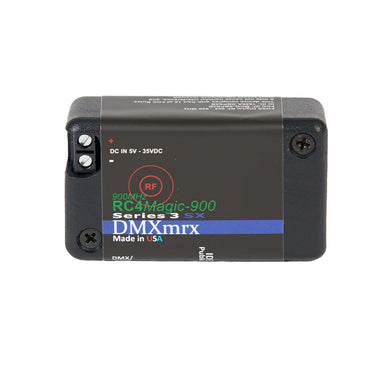 RC4 RC4Magic-900SX DMXmrx miniature data receiver front angle view showing product label, RF indicator, DC power input 5V-35VDC, and DMX port, white background