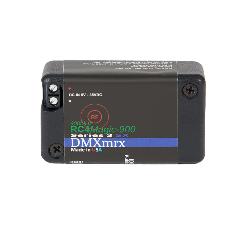 RC4 RC4Magic-900SX DMXmrx miniature data receiver front angle view showing product label, RF indicator, DC power input 5V-35VDC, and DMX port, white background