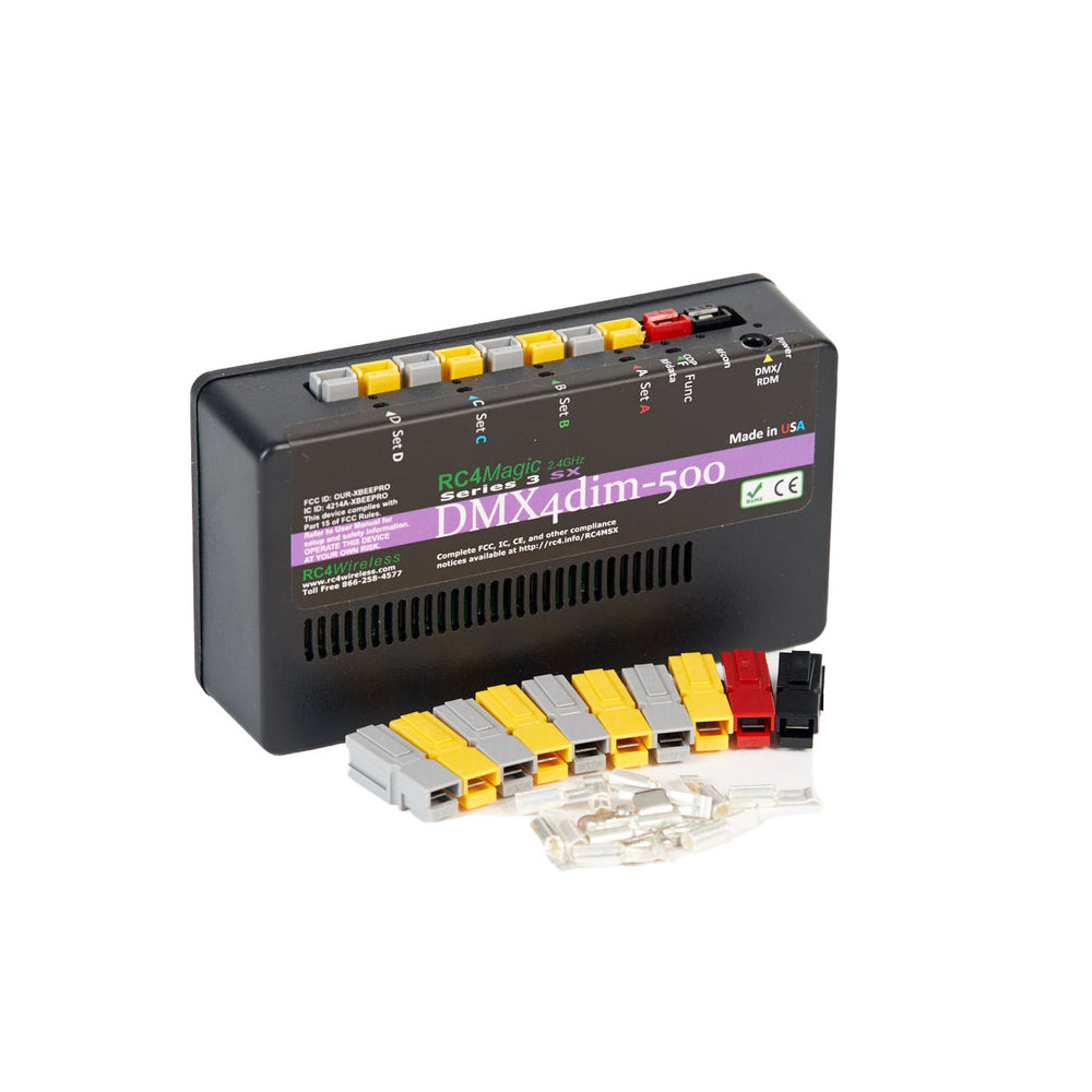 RC4 Wireless RC4Magic Series 3 DMX4dim-500 high power 4-channel wireless dimmer front angle view with Anderson Powerpole connectors displayed showing DMX4dim-500 branding purple label screw terminals CE marking on black compact housing on white background