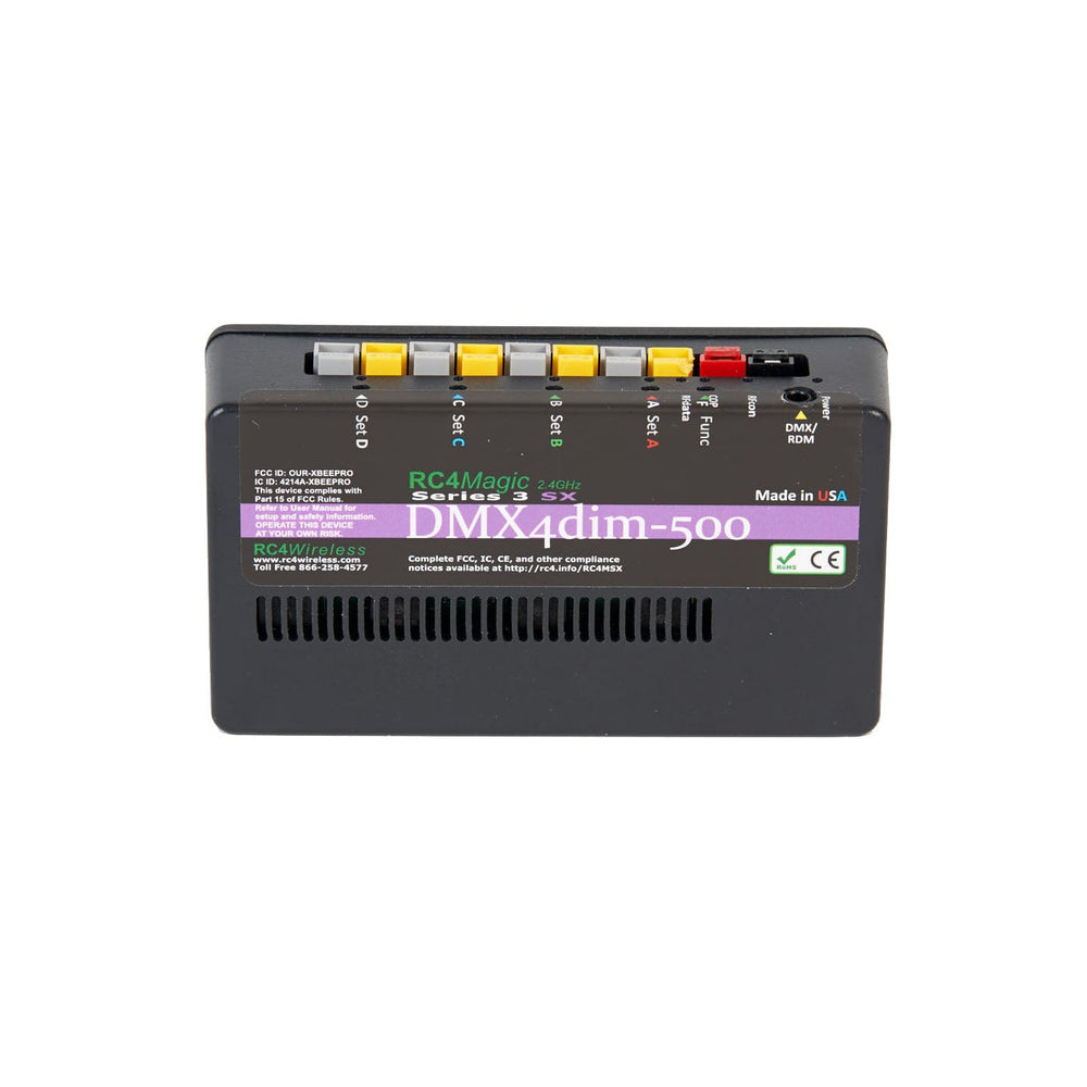 RC4 Wireless RC4Magic Series 3 DMX4dim-500 high power 4-channel wireless dimmer top angle view showing product label DMX RDM data port Anderson Powerpole connectors FCC ID CE marking Made in USA ventilation grille on black compact housing on white background