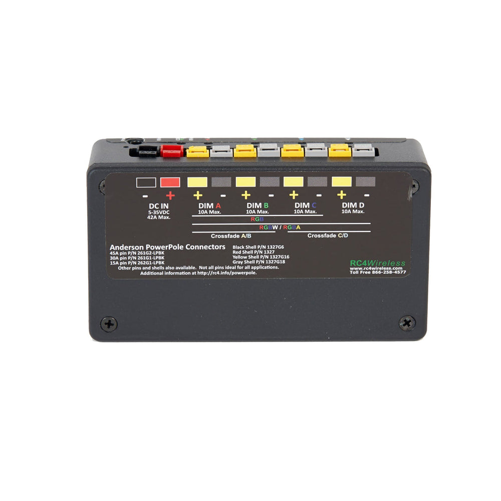 RC4 Wireless RC4Magic Series 3 DMX4dim-500 high power 4-channel wireless dimmer top view showing connector panel with Anderson Powerpole connections DC IN 5-30VDC 42A DIM A B C D channels 30A each crossfade AB CD indicators and RC4Wireless branding on black housing on white background