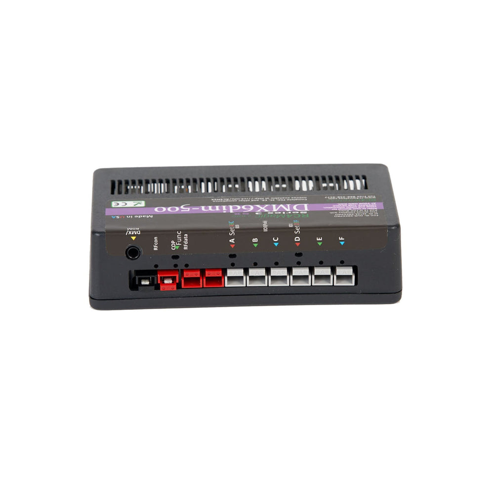 RC4 Wireless RC4Magic Series 3 DMX6dim-500 high power 6-channel wireless dimmer bottom view showing Anderson Powerpole connectors installed DC power jack control buttons status LEDs and channel output connections on black compact housing on white background