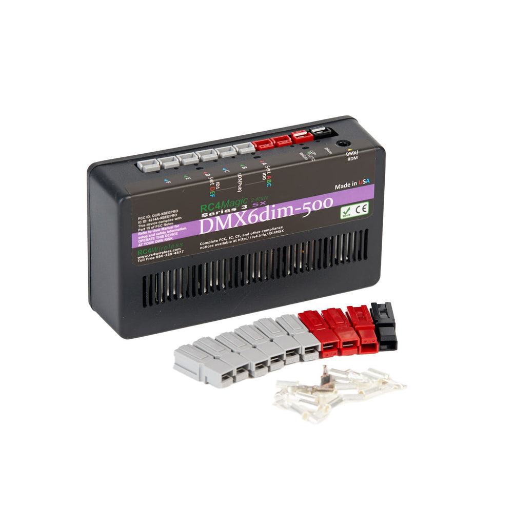 RC4 Wireless RC4Magic Series 3 DMX6dim-500 high power 6-channel wireless dimmer front angle view with Anderson Powerpole connectors displayed showing DMX6dim-500 branding purple label CE marking ventilation grille Made in USA on black compact housing on white background