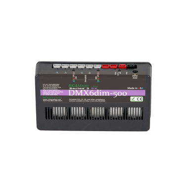 RC4 Wireless RC4Magic Series 3 DMX6dim-500 high power 6-channel wireless dimmer top angle view showing product label DMX RDM data port Anderson Powerpole connectors FCC ID CE marking Made in USA ventilation grille on black compact housing on white background