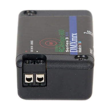 RC4 Wireless RC4Magic Series 3 DMXmrx miniature wireless DMX receiver angle view showing Phoenix connectors for dimmer output channels DC IN 5V-35VDC power input Series 3 branding blue stripe DMXmrx label Made in USA on black compact housing on white background