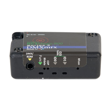 RC4 Wireless RC4Magic Series 3 DMXmrx miniature wireless DMX receiver top view showing control panel with DMX RDM data port Func button RFdata COP ID0 ID1 ID3 status LEDs RFcon indicator DC IN 5V-35VDC power input DMXmrx branding Made in USA on black compact housing on white background