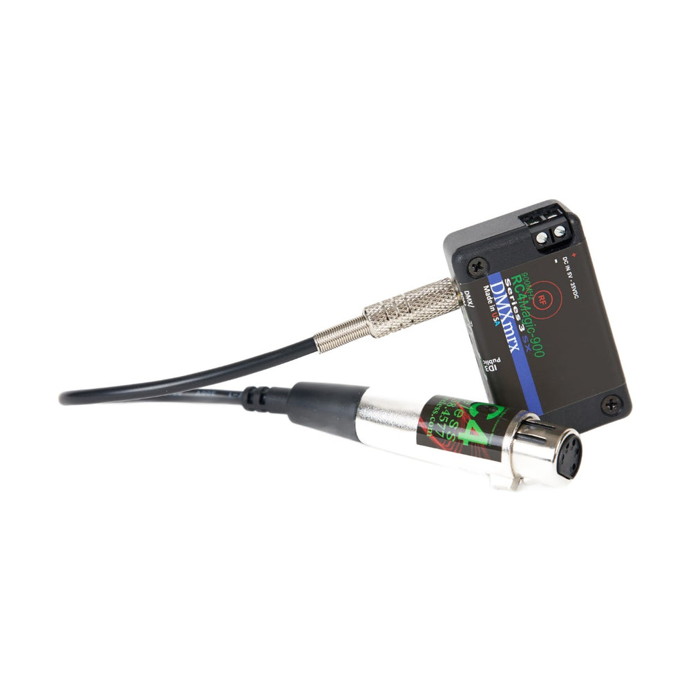 RC4 Wireless RC4Magic Series 3 DMXmrx miniature wireless DMX receiver application view with XLR cable connected and battery holder attached showing compact size for mounting on props fixtures and set pieces DMXmrx branding blue stripe on black housing on white background