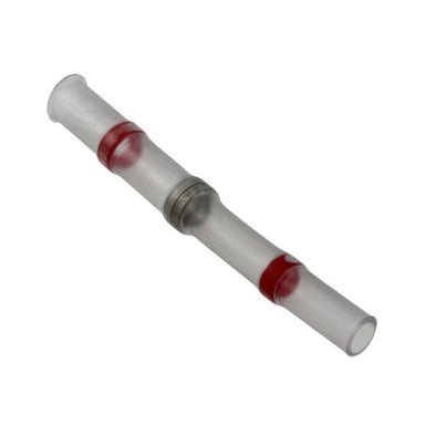 Wire to Wire Solder Sleeve close-up transparent heat shrink tube with red sealing rings at each end and silver solder preform ring in center white background