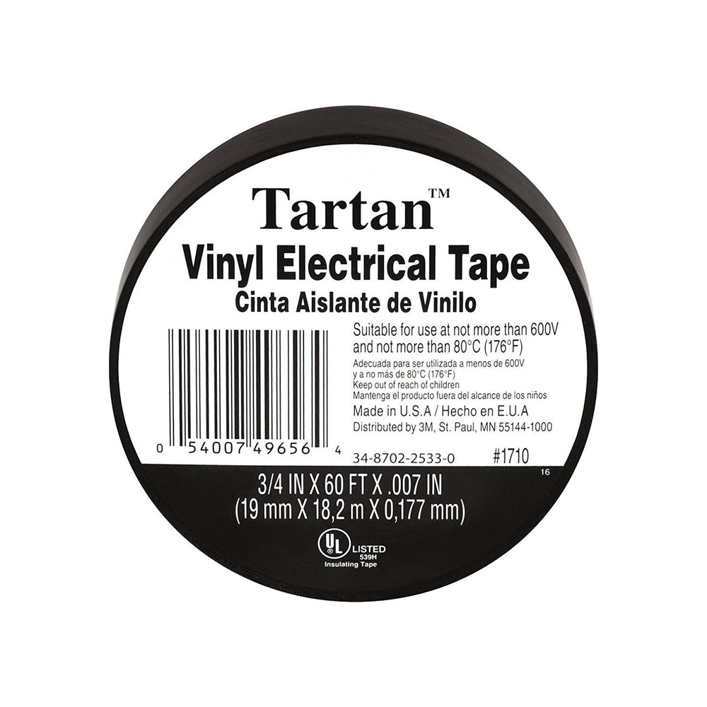 3M Tartan 1710 black vinyl electrical tape roll top view showing product label 3/4 inch by 60 feet UL listed 600V rated